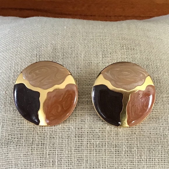 Vintage 80’s Earthy & Gold Tone Pierced Earrings Round Lightweight - Picture 12 of 16